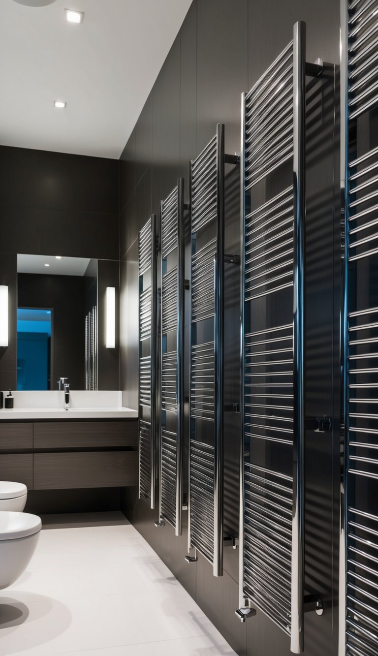 A sleek, modern bathroom with a row of heated towel warmers mounted on the wall, adding a luxurious and high-end touch to the space