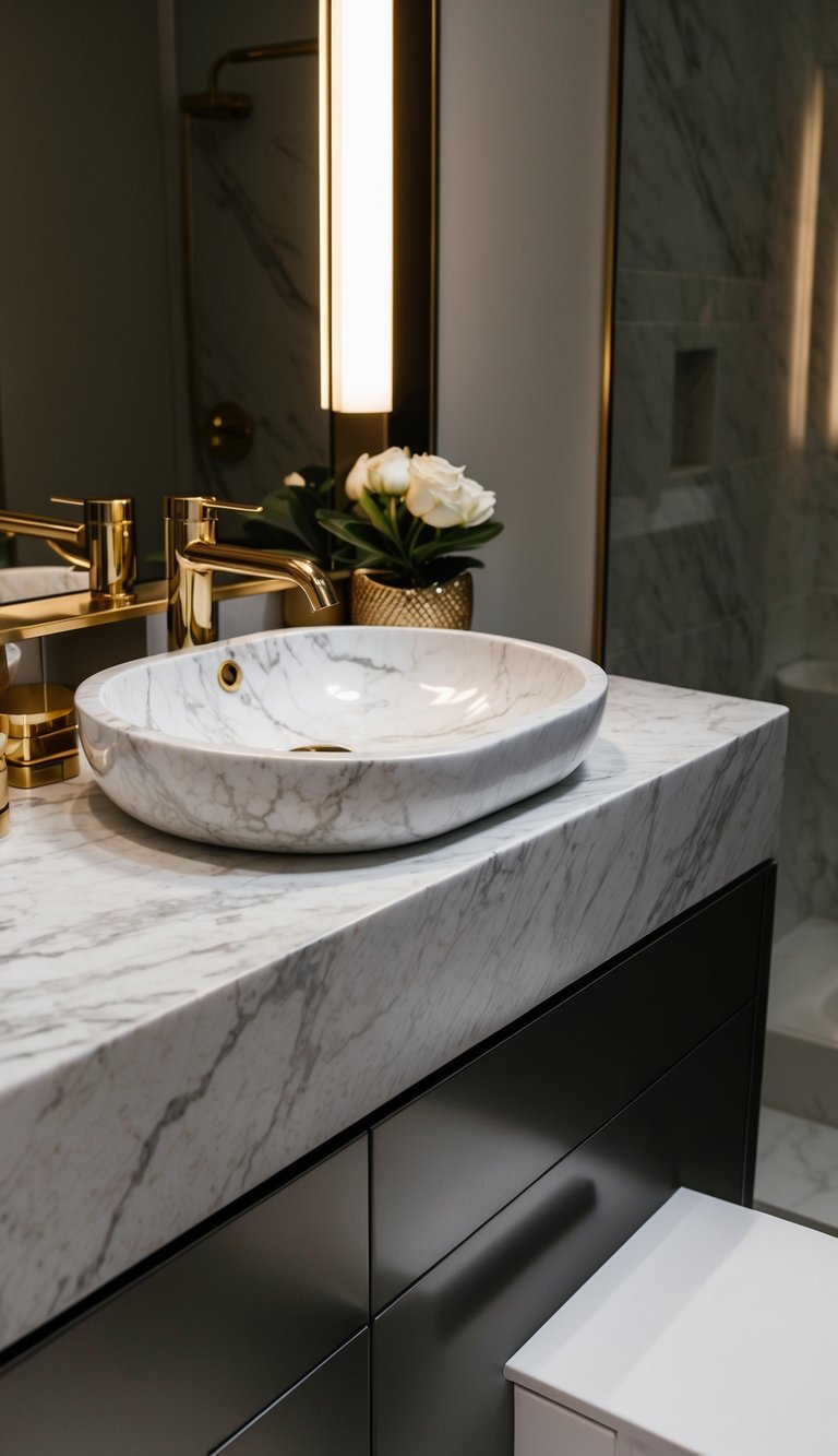 A marble sink with gold accessories sits atop a sleek vanity, adding a high-end touch to the luxurious bathroom