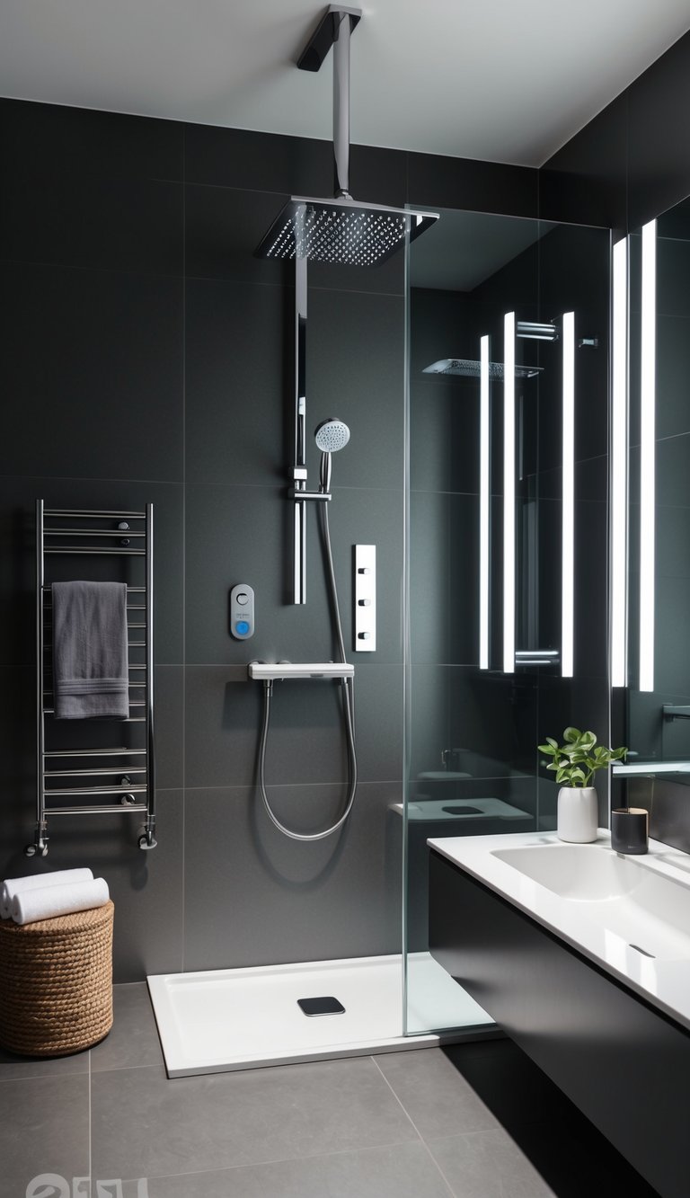 A sleek, modern bathroom with a smart shower system and voice control. Various high-end bathroom accessories are neatly arranged around the shower area