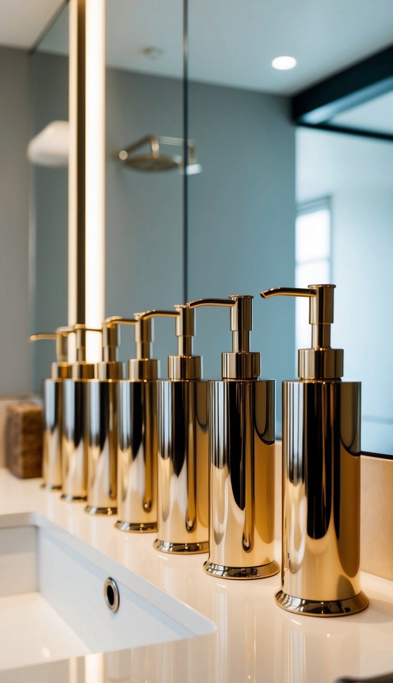 A sleek, modern bathroom countertop with a row of elegant, metallic luxury soap dispensers standing in a line, adding a high-end touch to the space