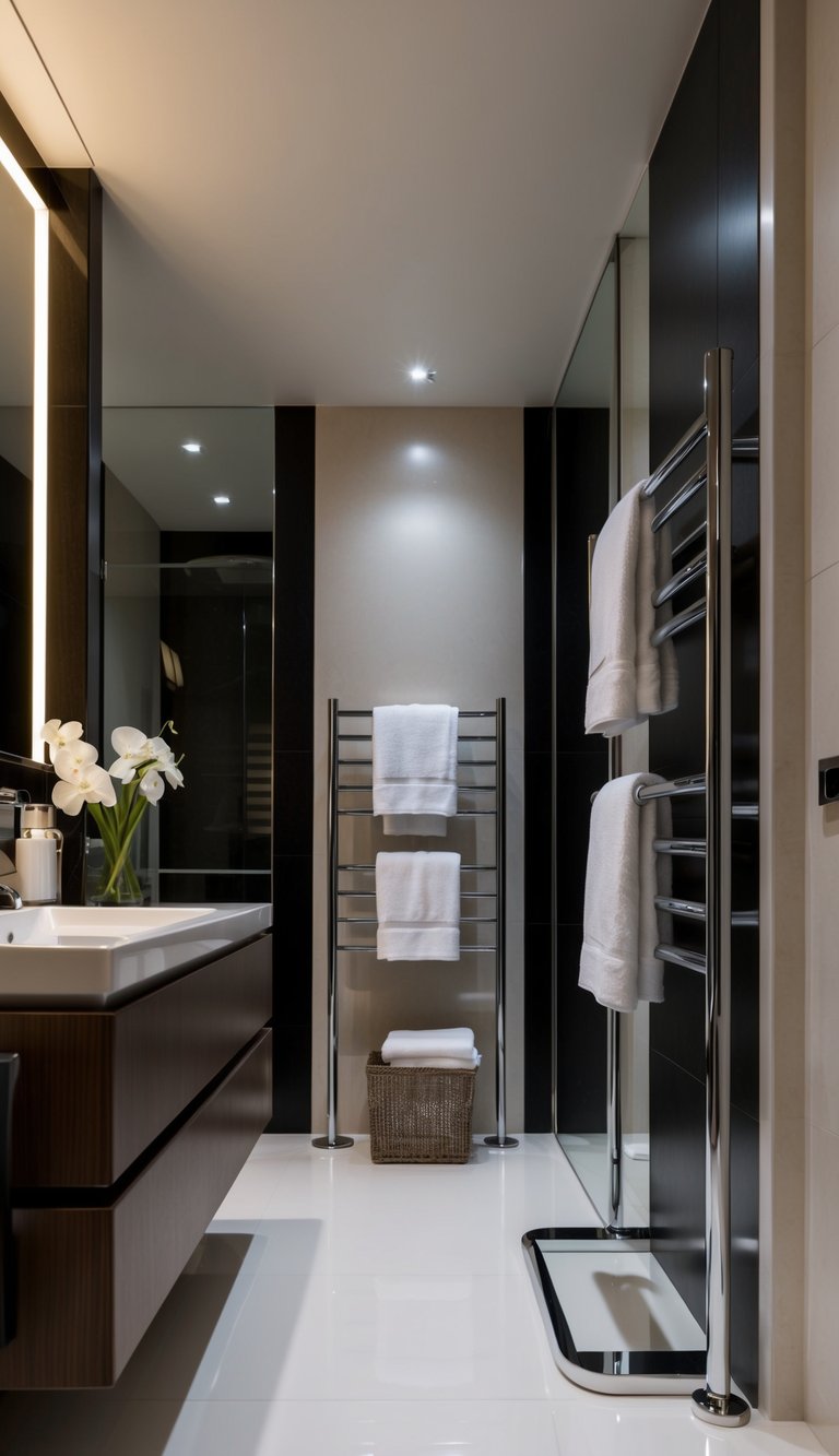 A modern, luxurious bathroom with sleek towel stands and high-end accessories