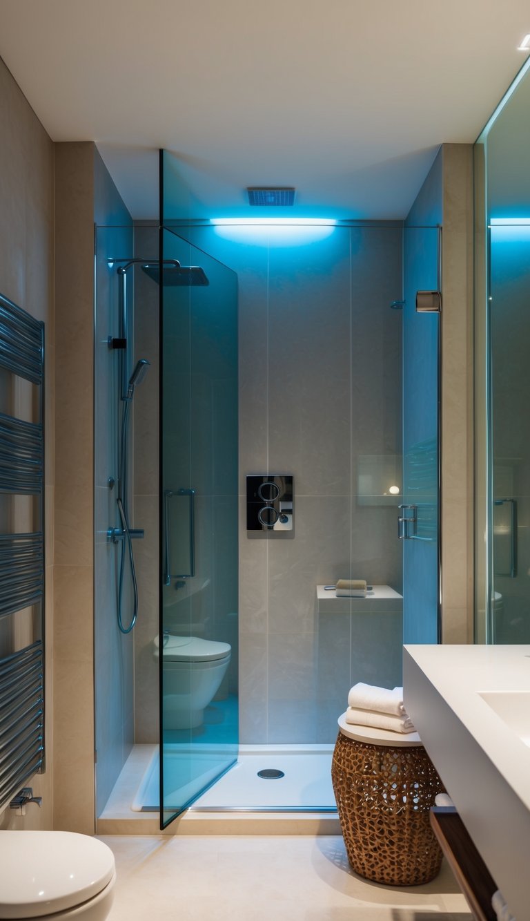 A modern bathroom with a sleek electronic tinting shower glass, surrounded by luxurious high-end bathroom accessories