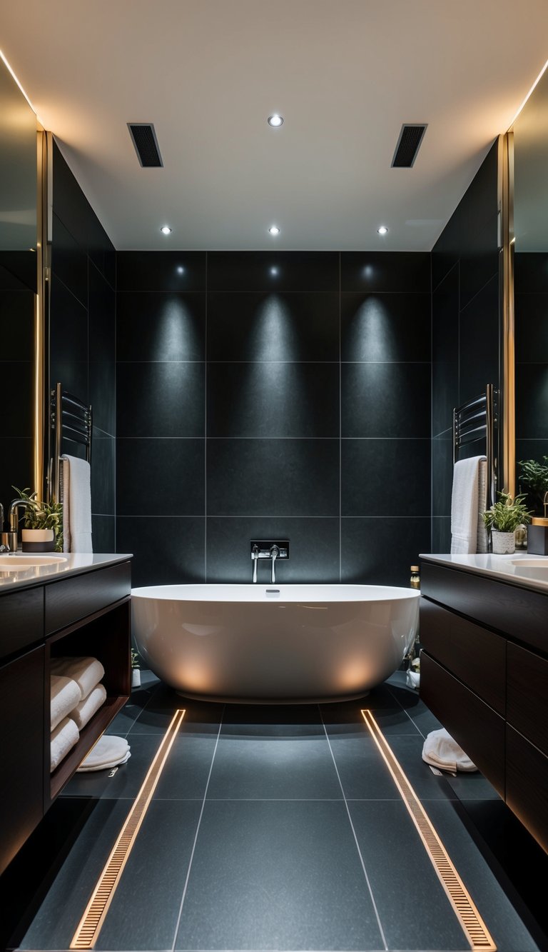 A modern bathroom with sleek, heated flooring tiles surrounded by luxurious accessories, creating a high-end and sophisticated atmosphere