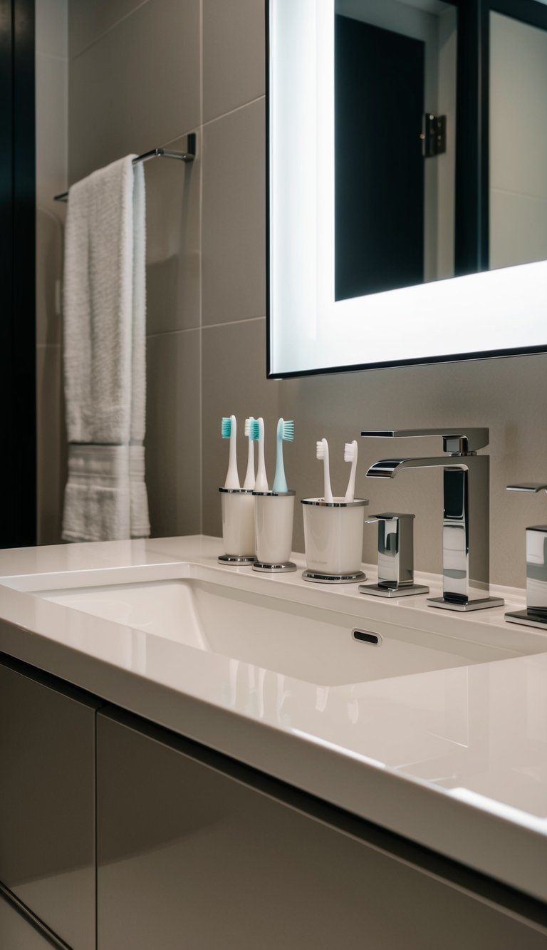 A sleek, modern bathroom countertop with a row of elegant toothbrush holders and other high-end accessories