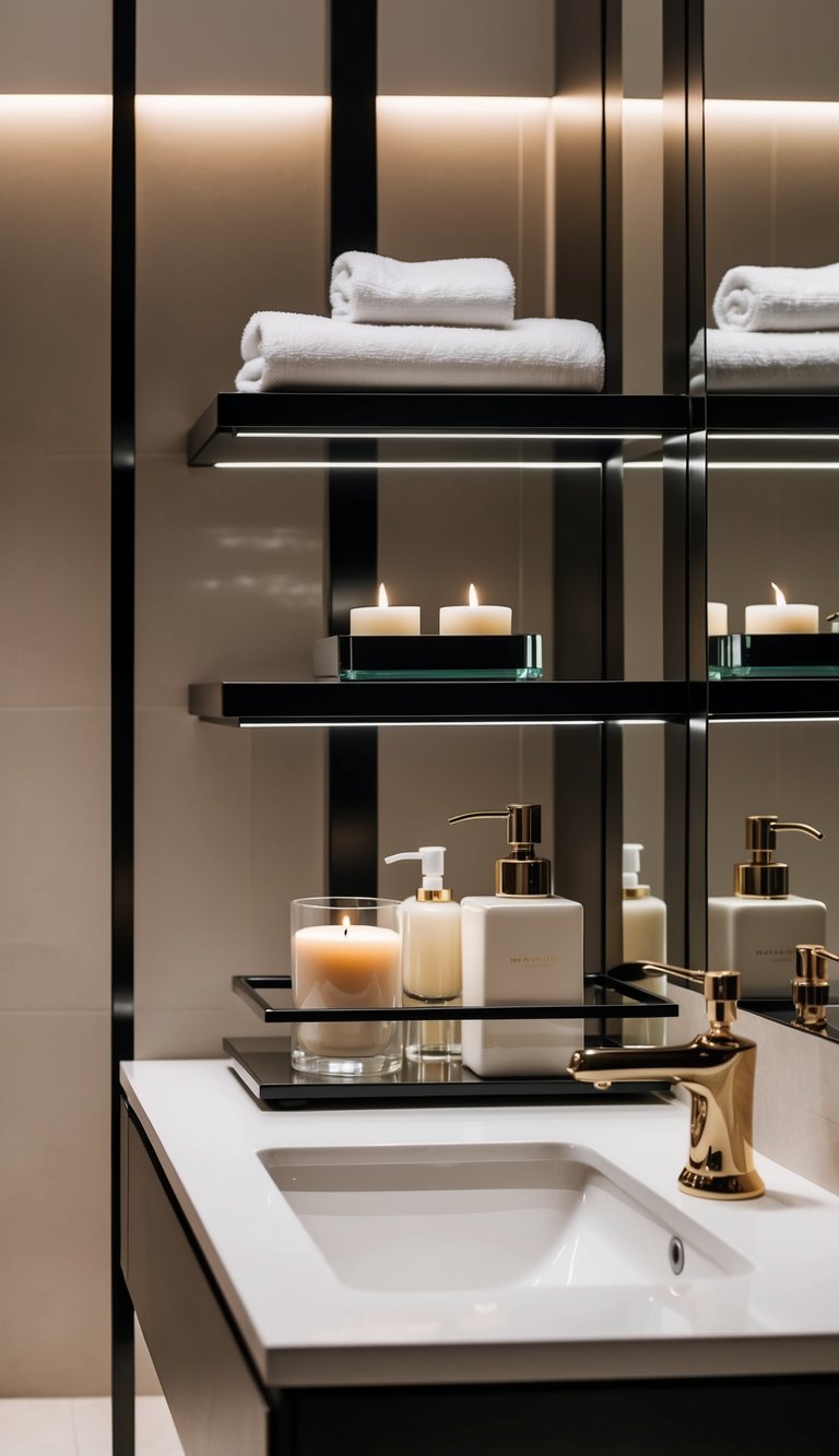 A modern bathroom with sleek, sturdy shelves holding luxurious accessories like scented candles, plush towels, and elegant soap dispensers