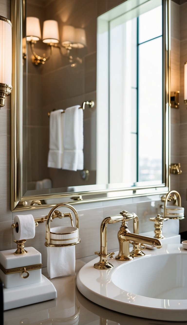 A luxurious bathroom with elegant, high-end toilet paper holders and other sophisticated bathroom accessories, creating a stylish and upscale atmosphere