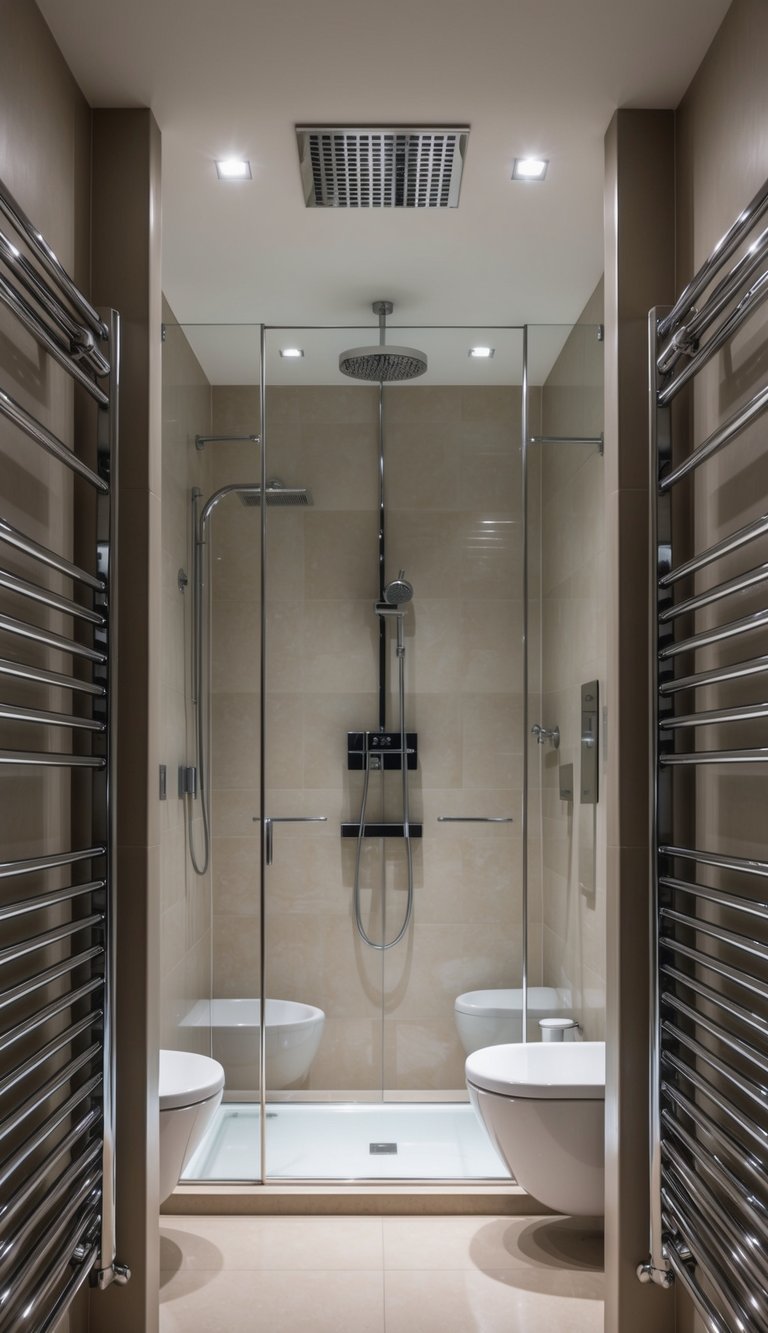 A sleek, modern bathroom with a luxurious shower and chrome fixtures, surrounded by elegant ventilation systems and high-end accessories