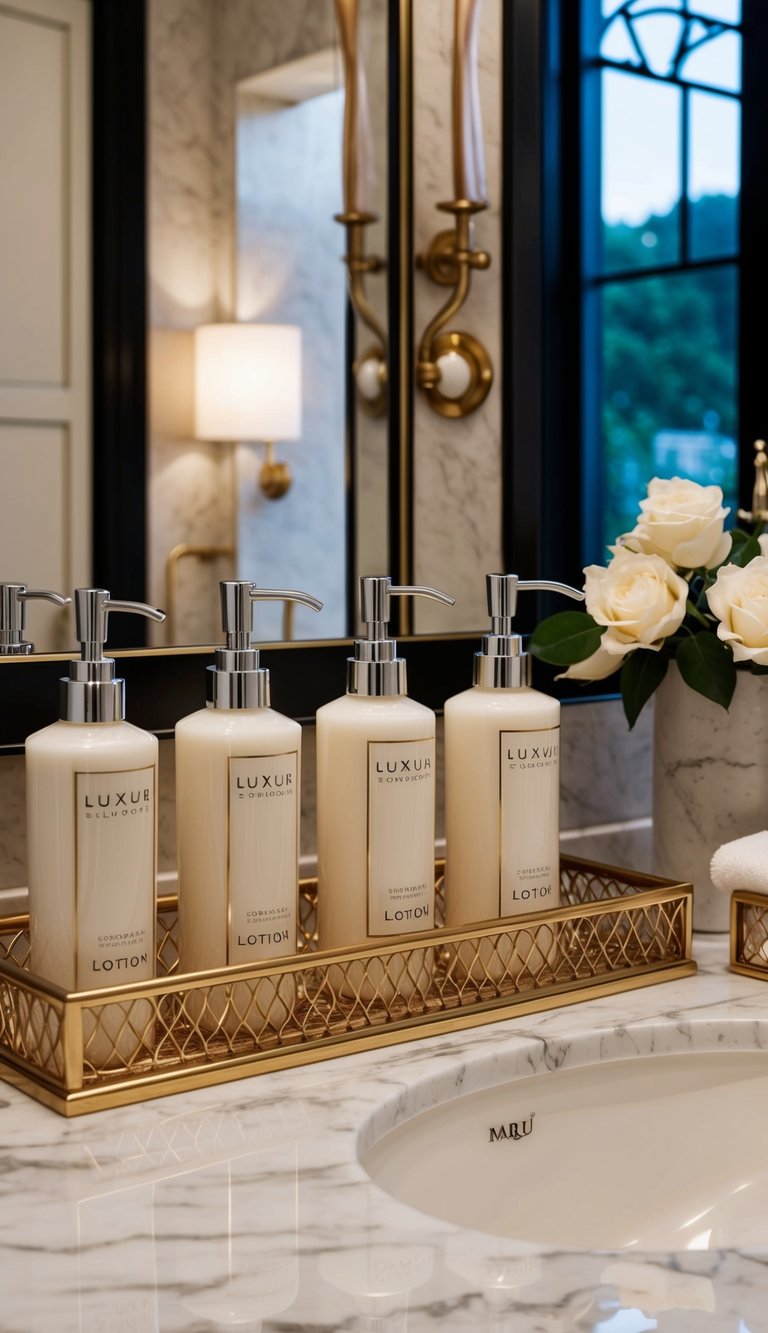 Luxurious lotion dispensers arranged on a marble countertop with elegant bathroom accessories, creating a high-end atmosphere
