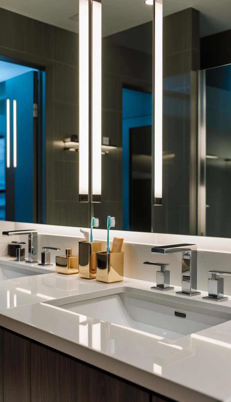 A sleek, modern bathroom countertop with divided toothbrush holders and luxurious accessories