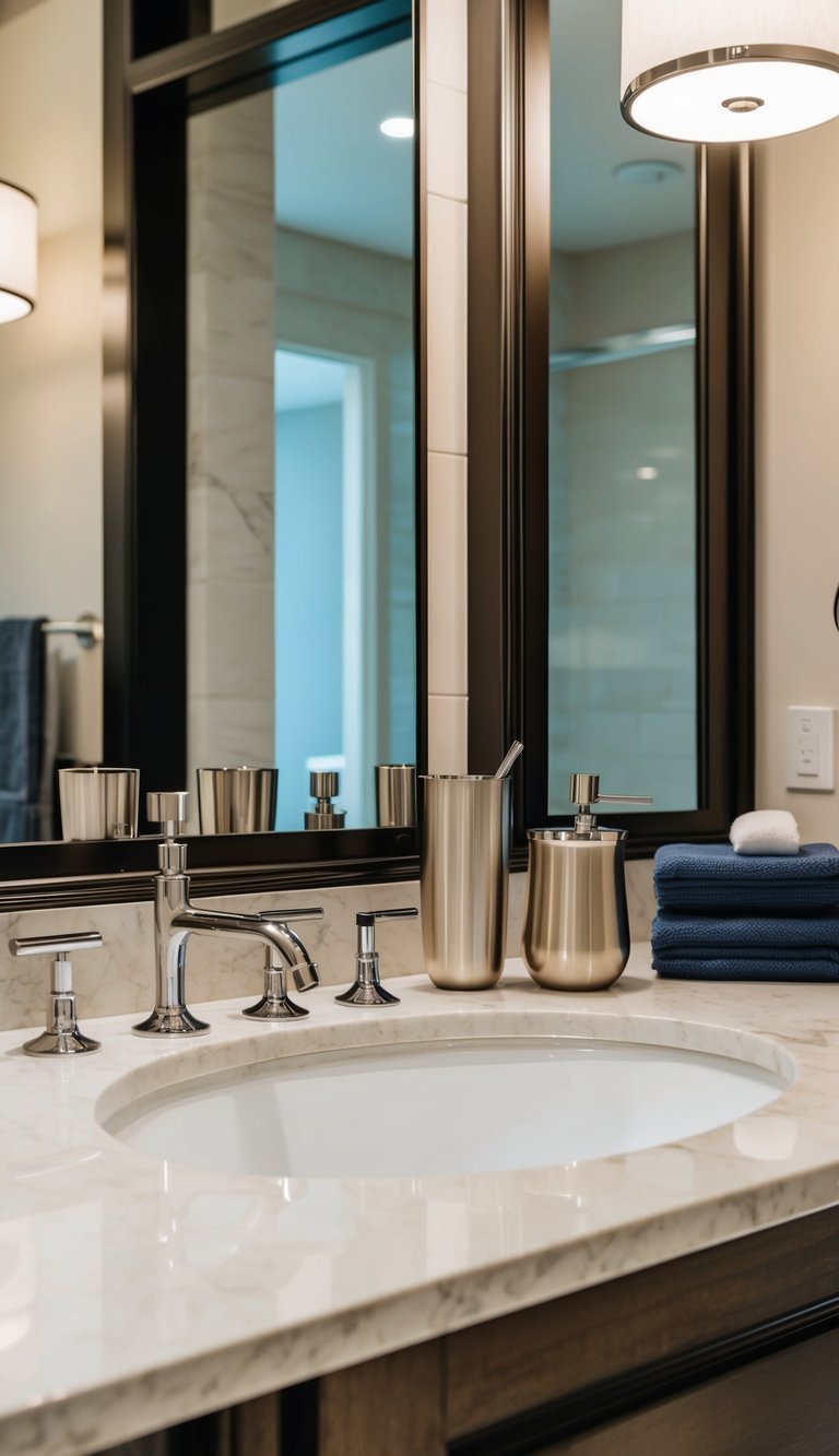 A luxurious bathroom countertop with sleek, refillable bath tumblers and other high-end accessories arranged neatly for a sophisticated touch