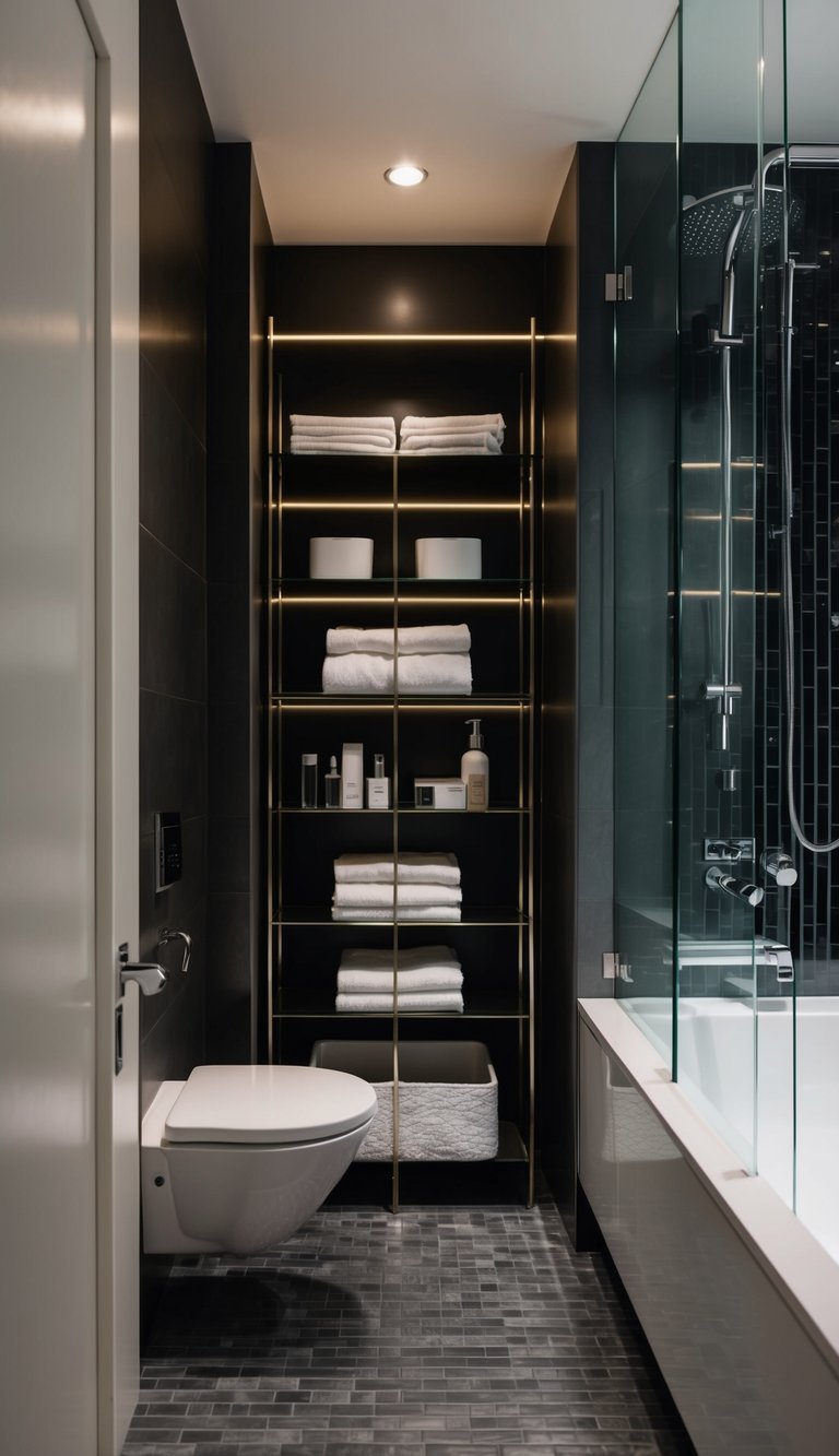 A sleek modern bathroom with stylish storage accessories and high-end fixtures