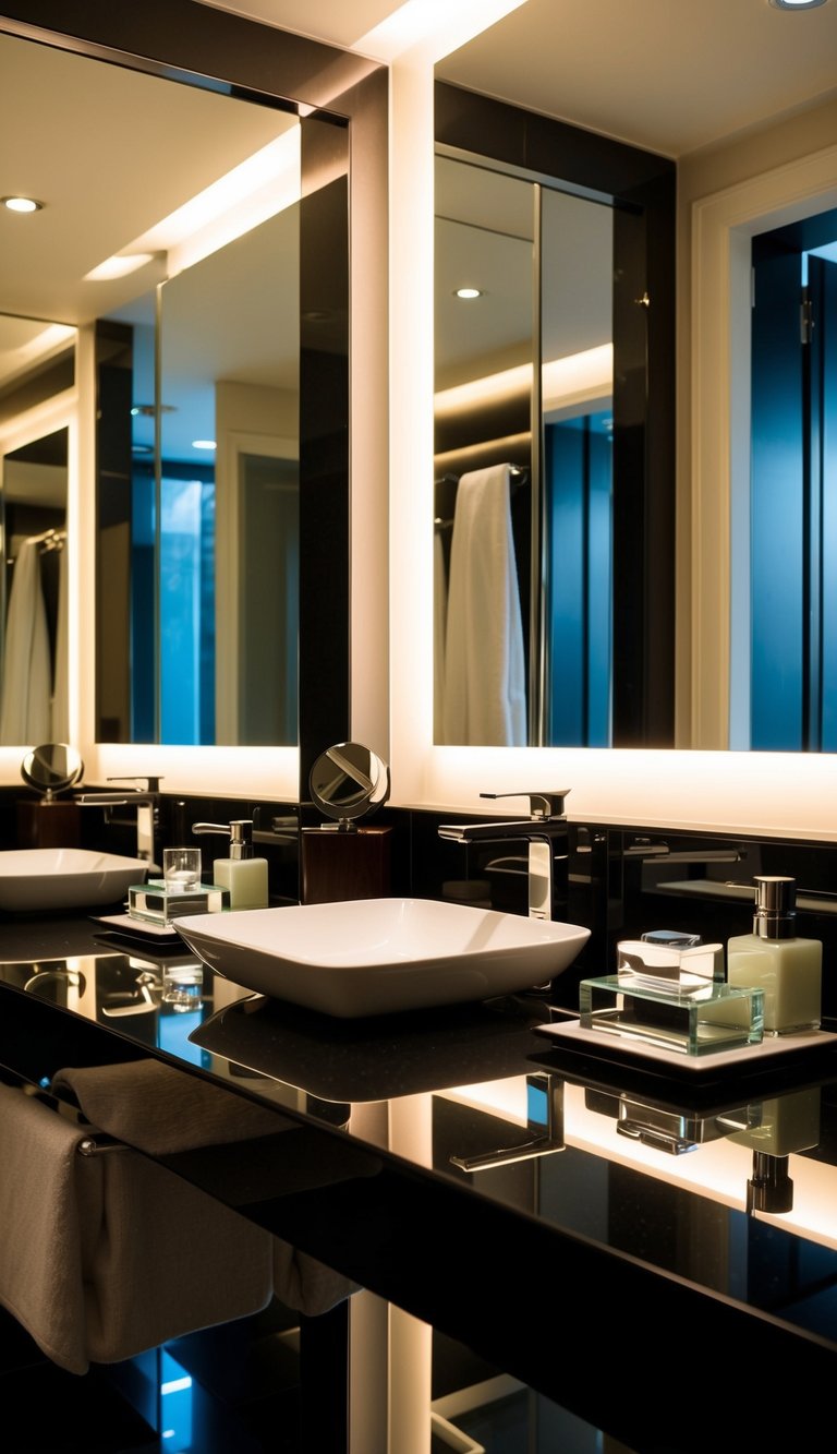 A luxurious bathroom with gleaming accessories arranged on a sleek countertop, reflecting the soft glow of ambient lighting