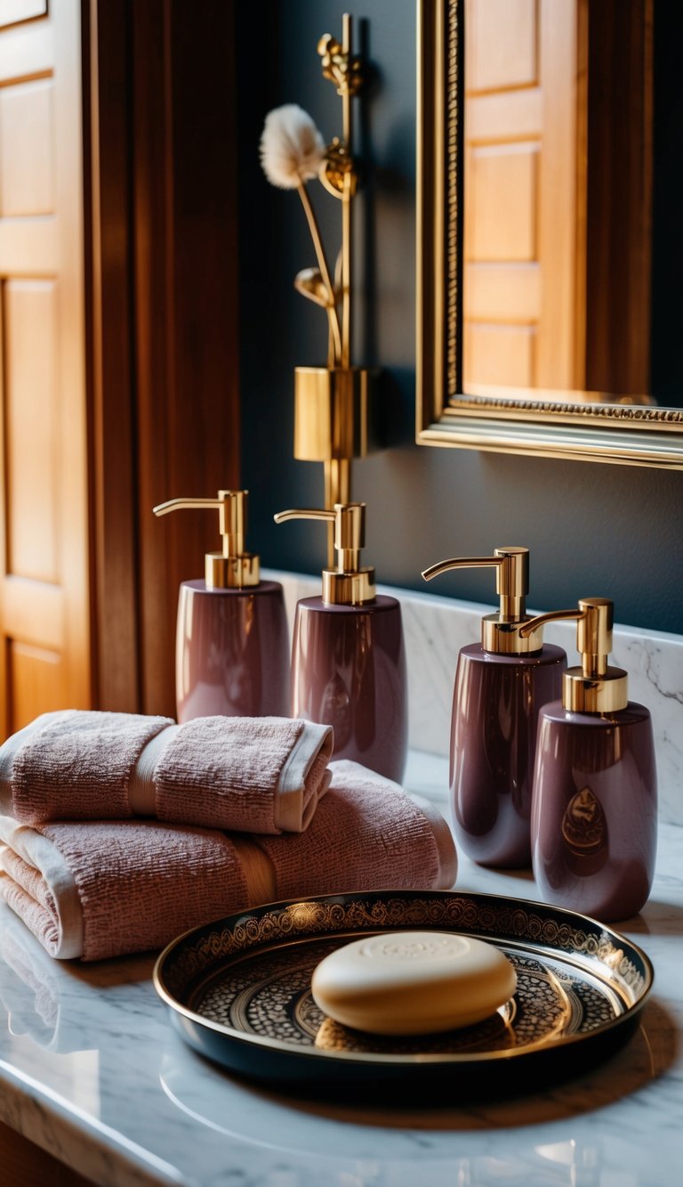 A luxurious bathroom scene with elegant accessories in rich colors and textures, such as plush towels, sleek soap dispensers, and decorative trays