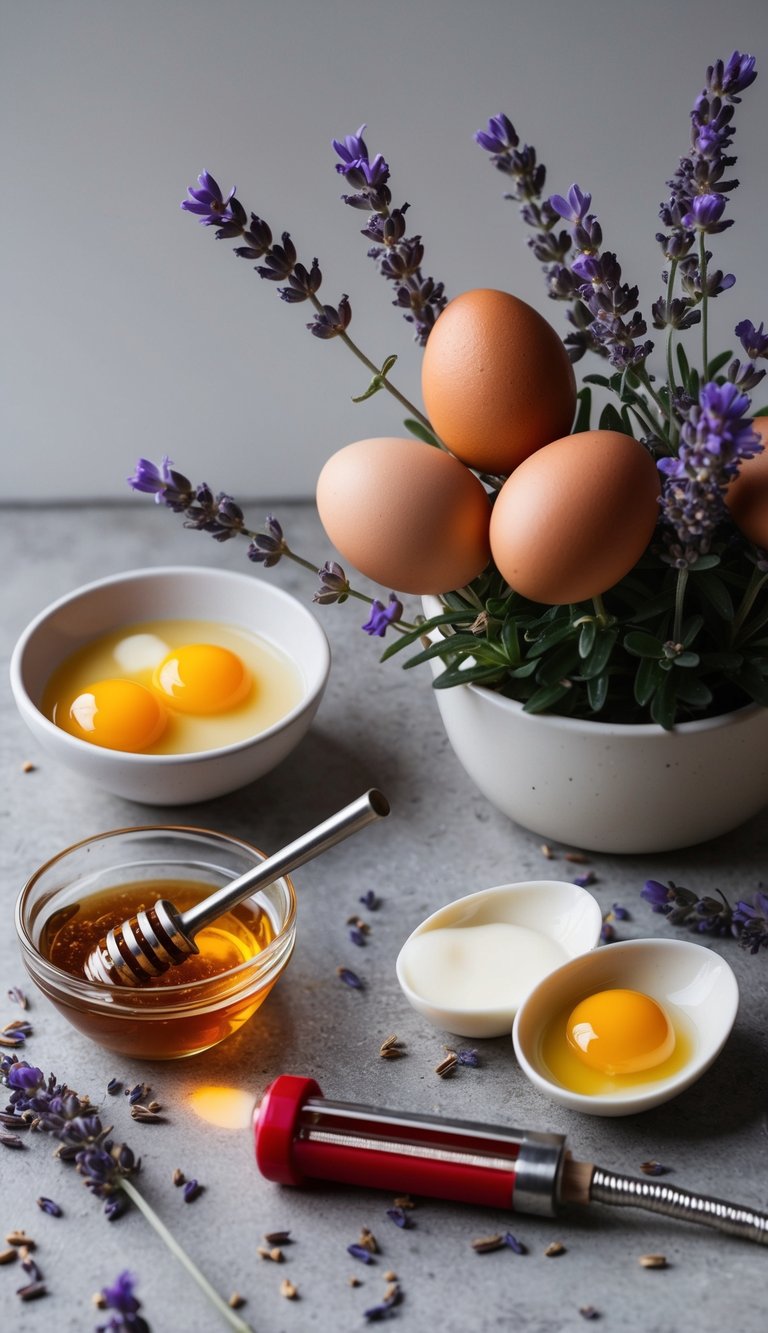 A delicate lavender plant next to a bowl of honey, eggs, and cream, with a small kitchen torch nearby