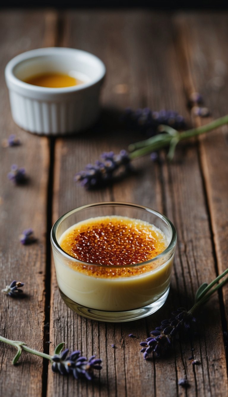 A small glass dish filled with lavender and honey crème brûlée, topped with a perfectly caramelized sugar crust, sits on a rustic wooden table
