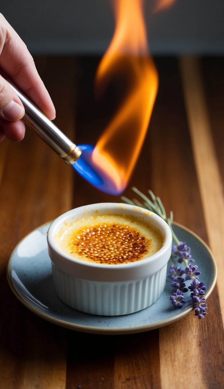 A small ramekin of lavender and honey crème brûlée being torched to create a caramelized sugar topping, with a sprig of lavender on the side