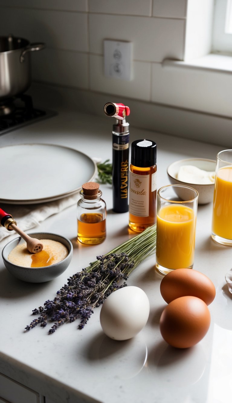 A kitchen counter with a set of ingredients including lavender, honey, eggs, and cream. A small torch sits nearby, ready to caramelize the sugar on the crème brûlée