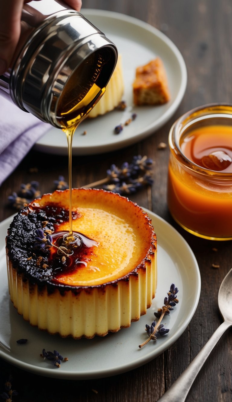 A crème brûlée being overcooked with burnt lavender and honey, next to a perfectly caramelized one