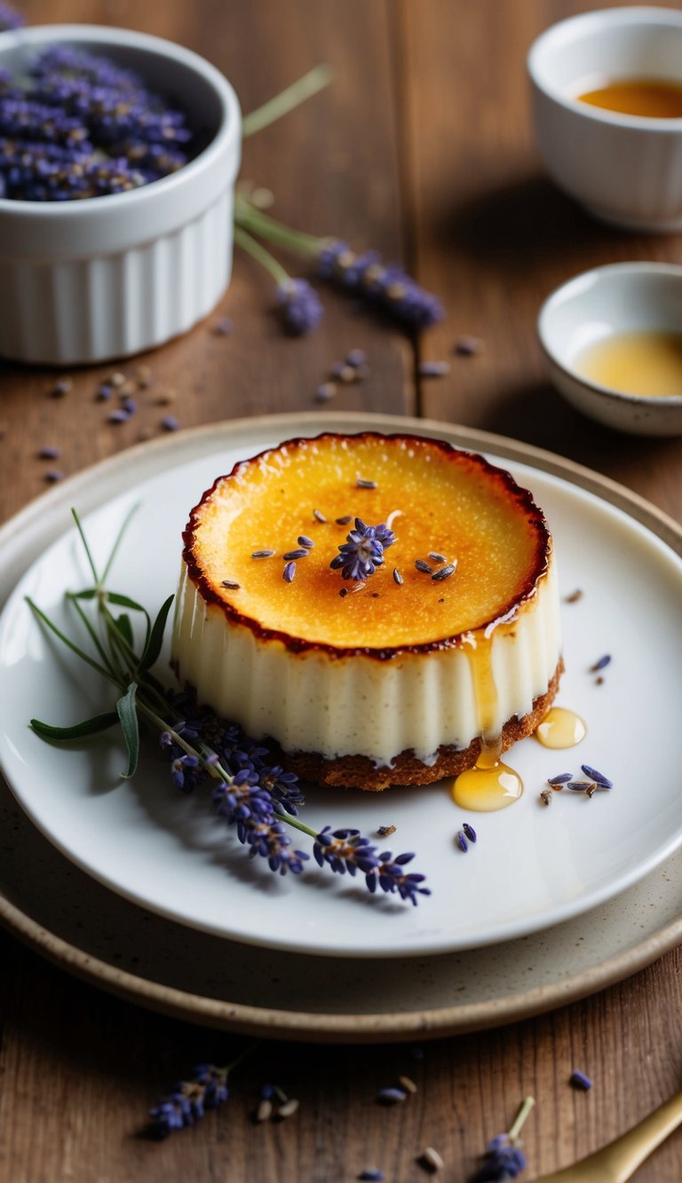 A delicate lavender and honey crème brûlée sits on a white dessert plate, garnished with fresh lavender sprigs and a drizzle of honey