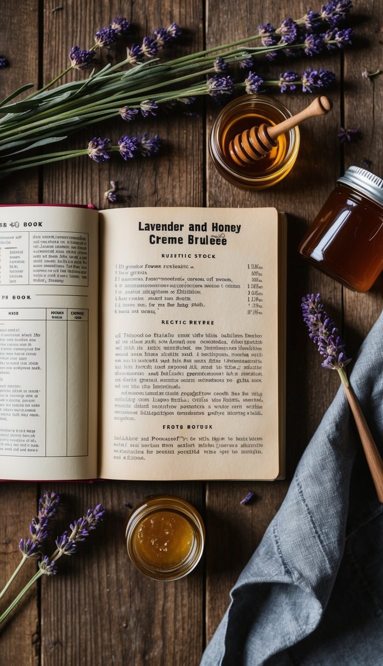 A rustic kitchen with a vintage recipe book open to the Lavender and Honey Crème Brûlée page, surrounded by fresh lavender and a jar of honey