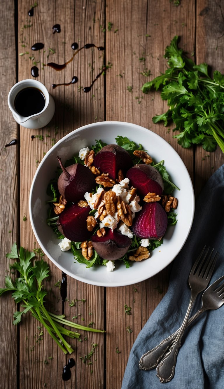 A rustic wooden table set with a colorful salad bowl filled with roasted beets, crumbled goat cheese, and candied walnuts, surrounded by scattered fresh herbs and a drizzle of balsamic vinaigrette