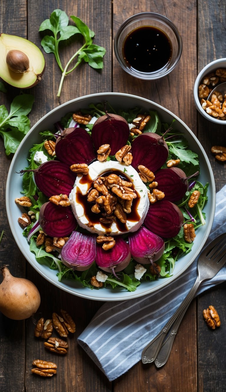 A rustic wooden table with a colorful roasted beet and goat cheese salad topped with candied walnuts, surrounded by fresh ingredients and a balsamic vinaigrette