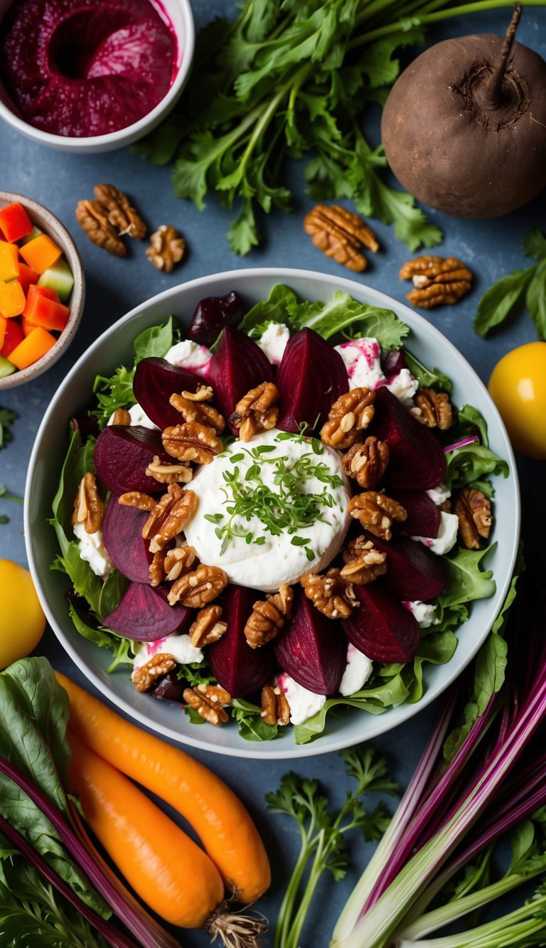 A vibrant beet salad topped with creamy goat cheese and candied walnuts, surrounded by fresh ingredients and a colorful array of vegetables