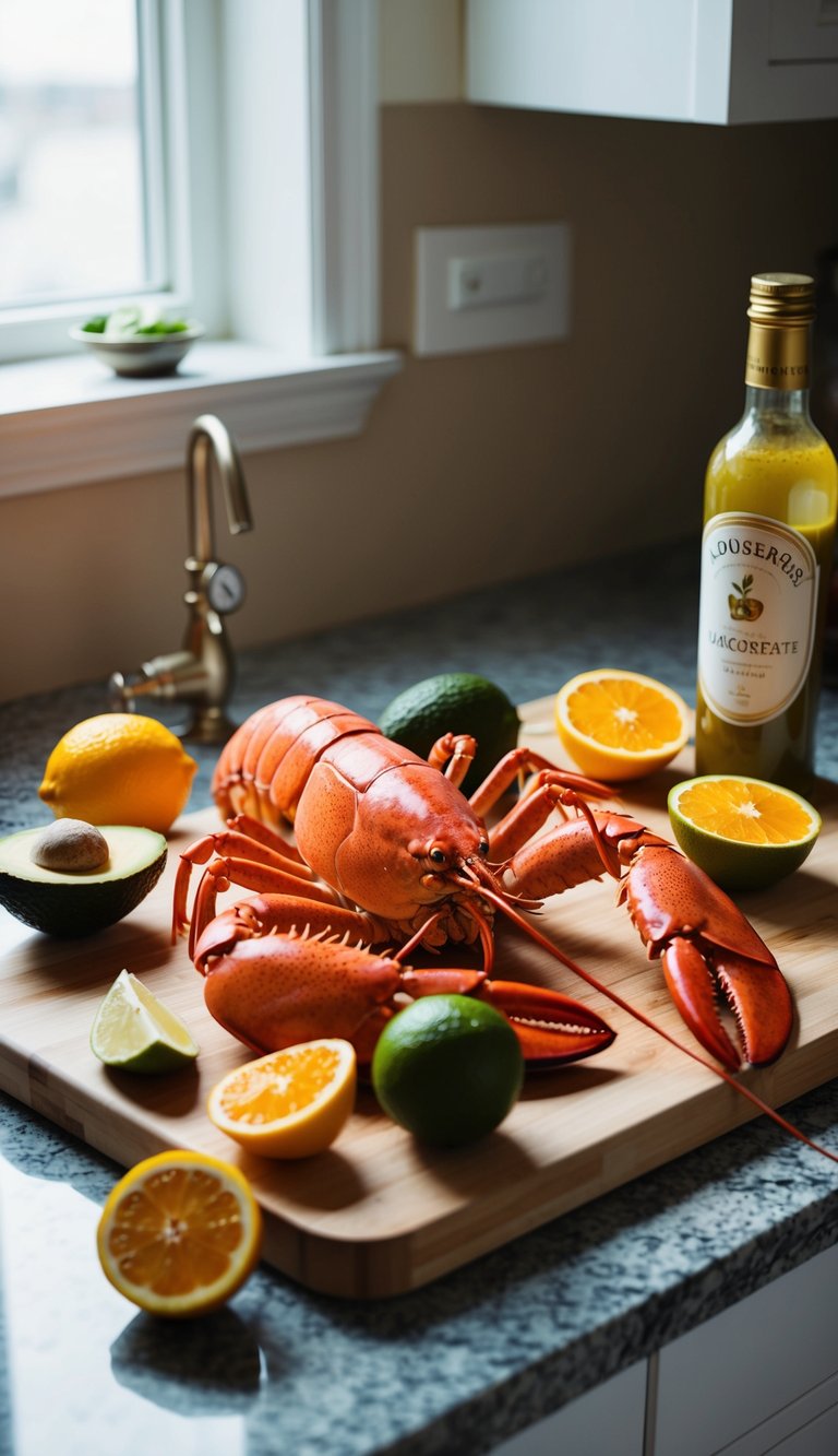 A kitchen counter with fresh lobster, avocado, citrus fruits, and a vinaigrette bottle