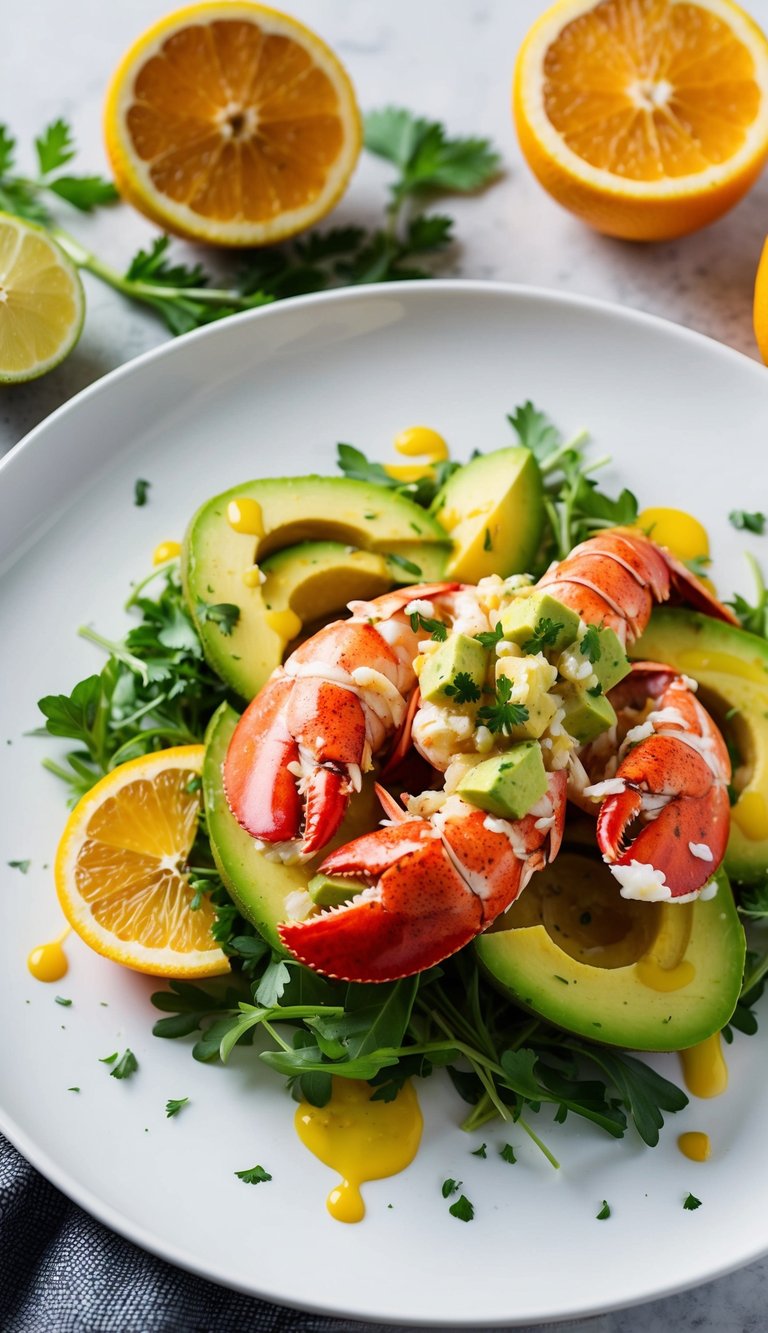 A vibrant lobster salad with avocado, citrus slices, and fresh greens, garnished with herbs and a light dressing on a white plate.