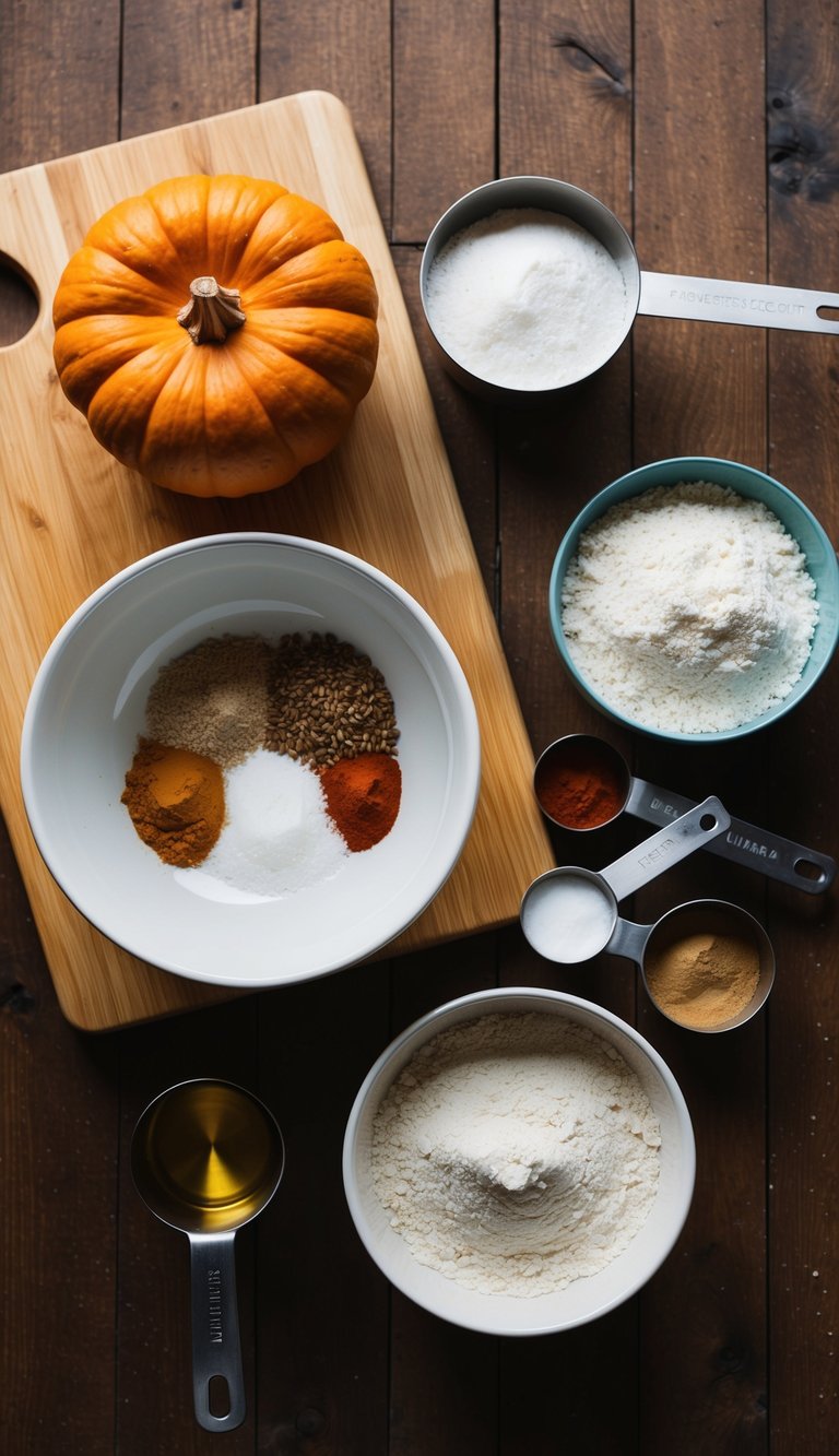 A rustic kitchen counter with a wooden cutting board, a mixing bowl, measuring cups, and ingredients like pumpkin, coconut, flour, and spices