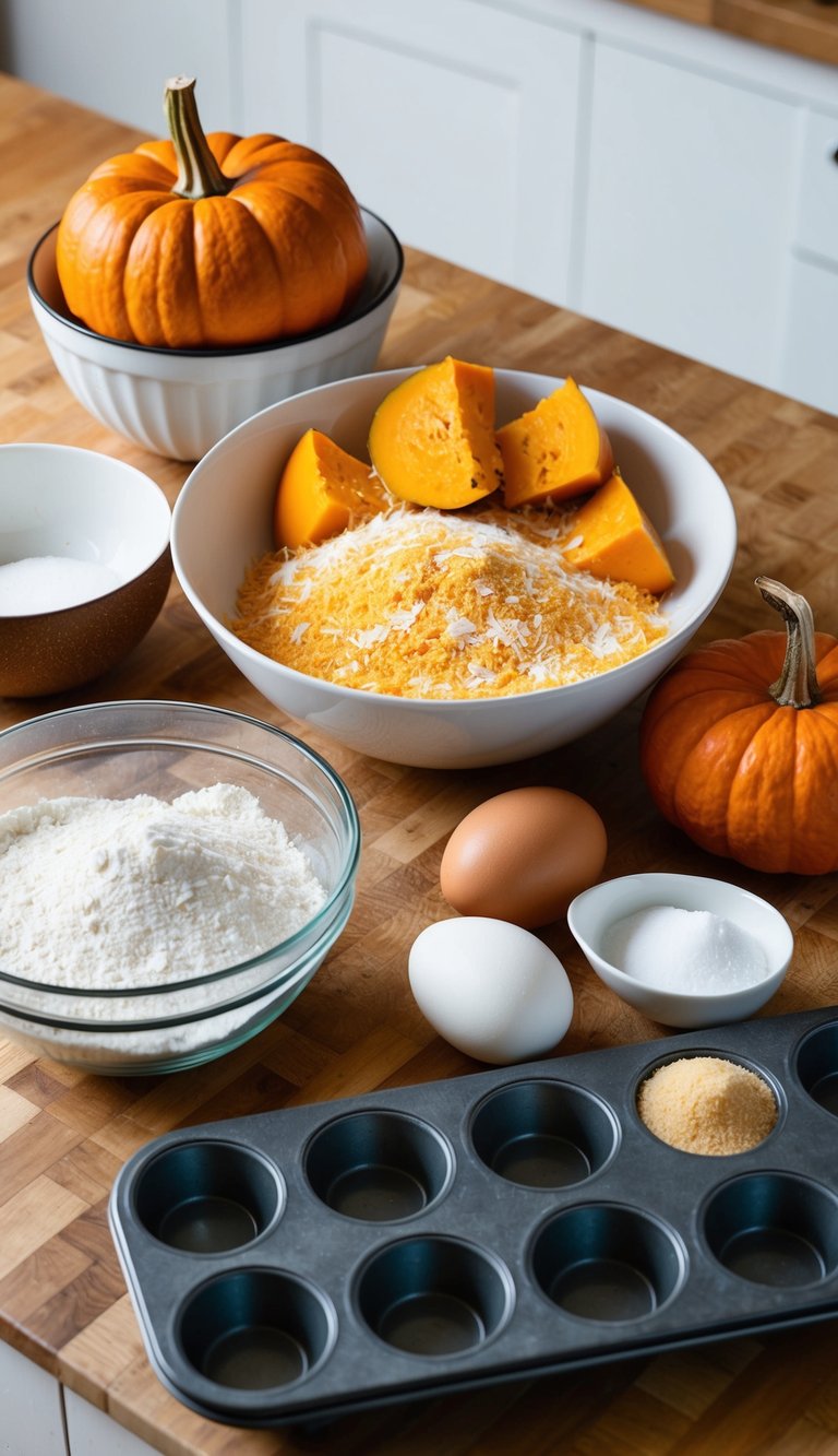 A kitchen counter with a mixing bowl, pumpkin, coconut, flour, sugar, eggs, and a muffin tin ready for baking