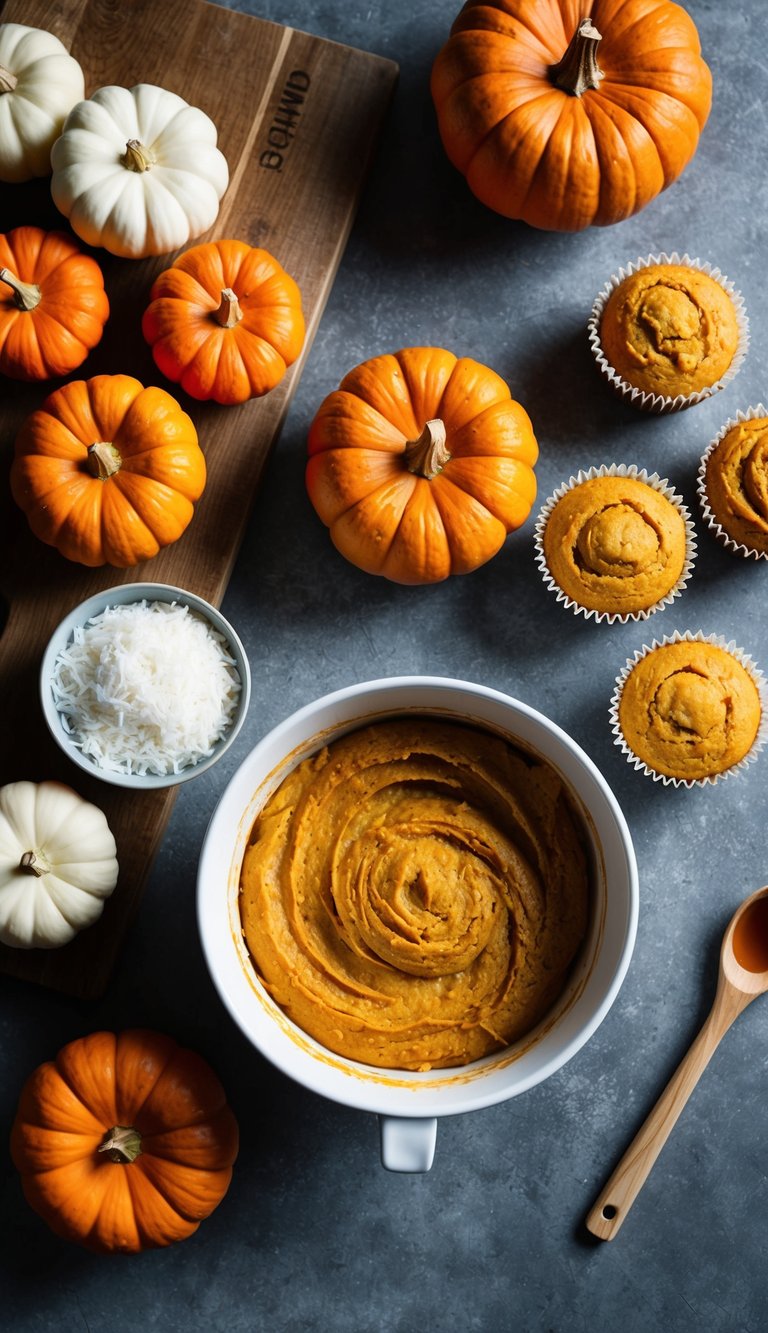 A rustic kitchen counter with fresh pumpkins, shredded coconut, and a mixing bowl filled with batter for pumpkin coconut muffins