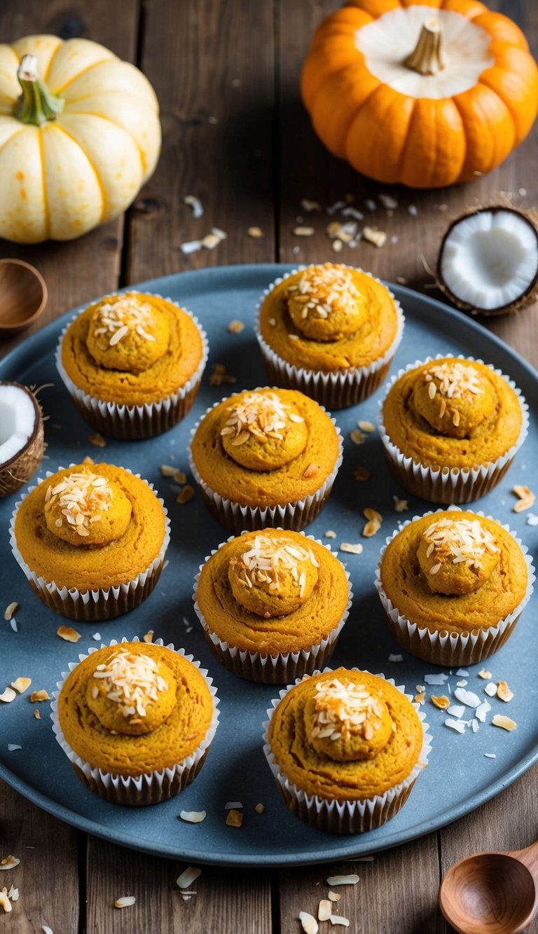 A rustic wooden table with a platter of golden-brown pumpkin coconut muffins, garnished with toasted coconut flakes, and surrounded by fresh pumpkin and coconut
