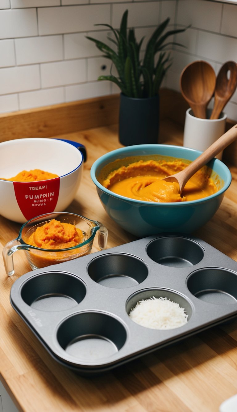 A kitchen counter with a mixing bowl, measuring cups, pumpkin puree, shredded coconut, and muffin tin