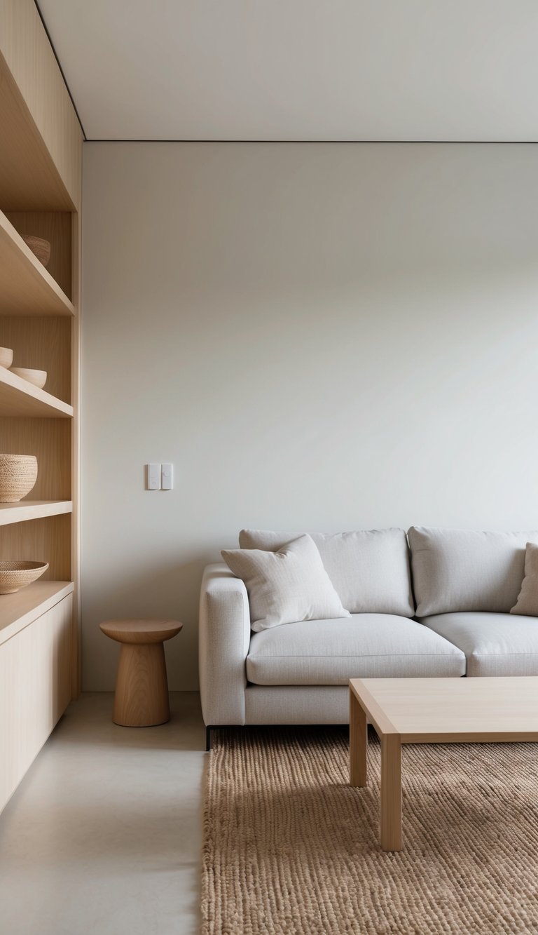 A serene living room with clean lines, neutral colors, and natural materials. A low-profile sofa, simple coffee table, and unadorned shelves create a minimalist yet cozy Japandi style