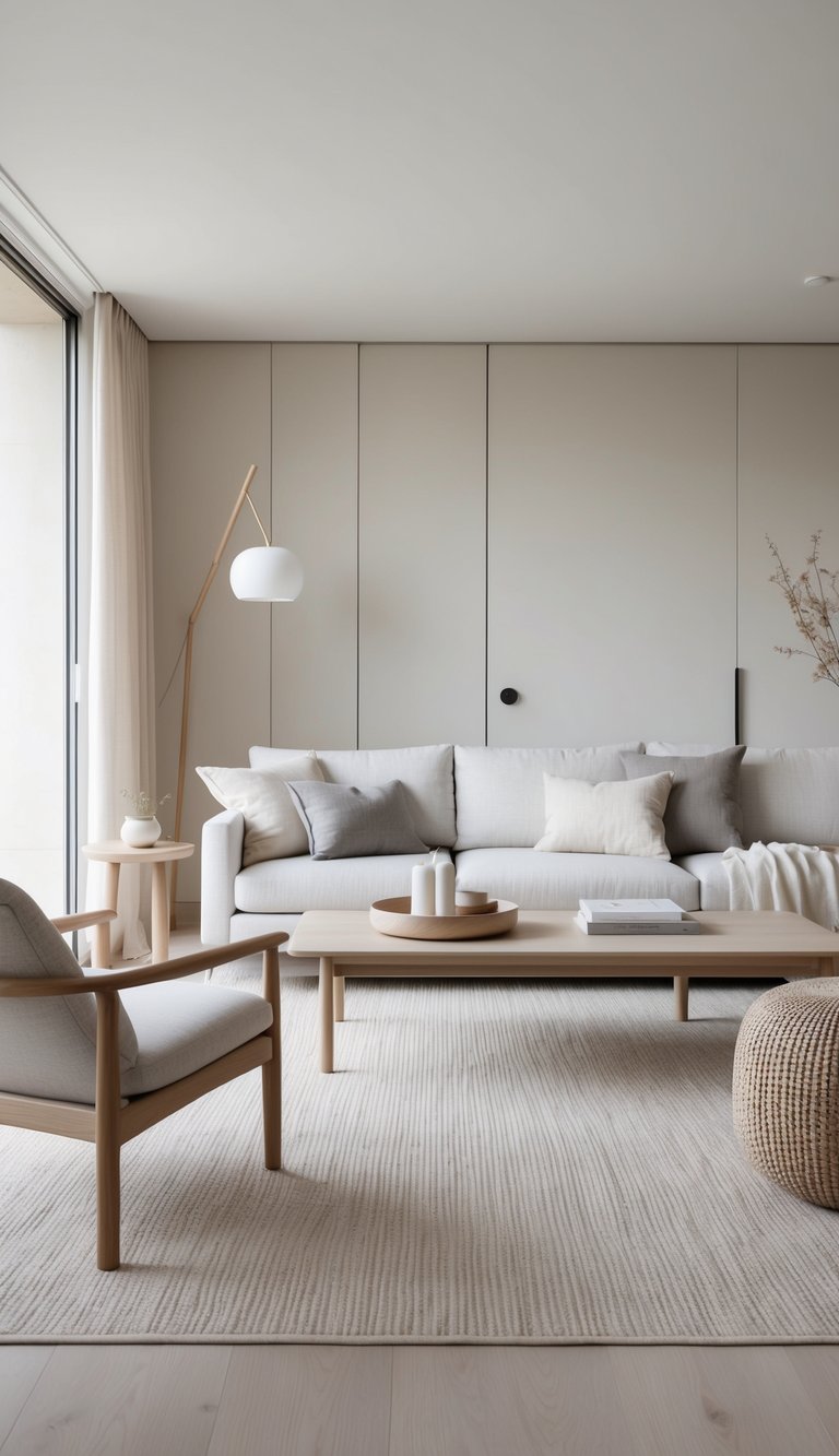A serene living room with clean lines, minimal furniture, and natural materials in a neutral color palette. Subtle Japanese and Scandinavian decor elements blend seamlessly