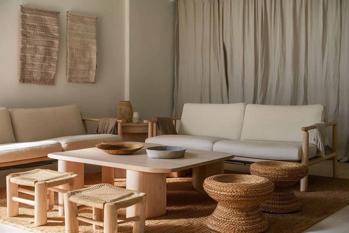 A cozy, minimalist living room with neutral tones, featuring a wooden coffee table, woven stools, soft sofas, and textured wall hangings.
