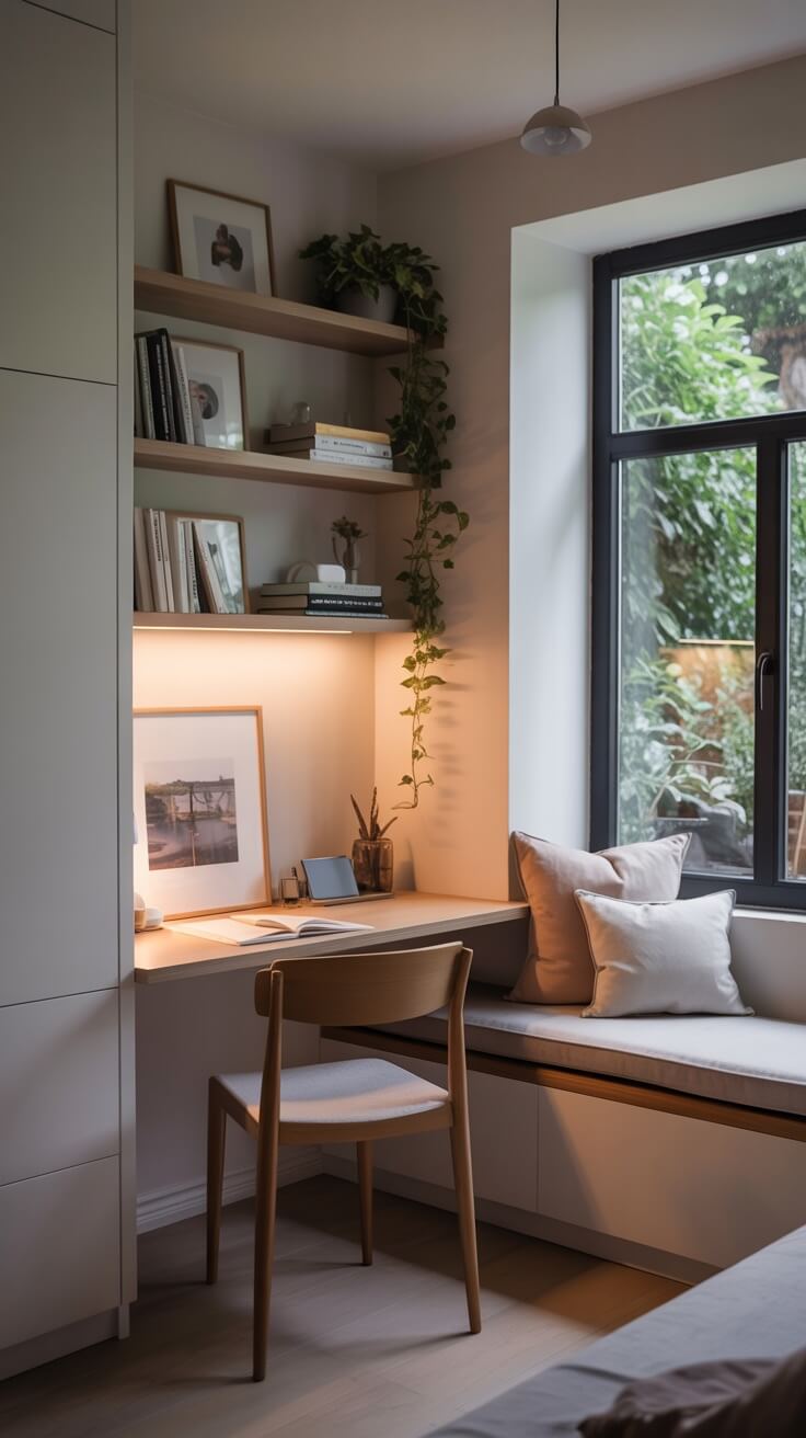 Small minimalist home office nook by a window, light and airy interior, compact wooden desk