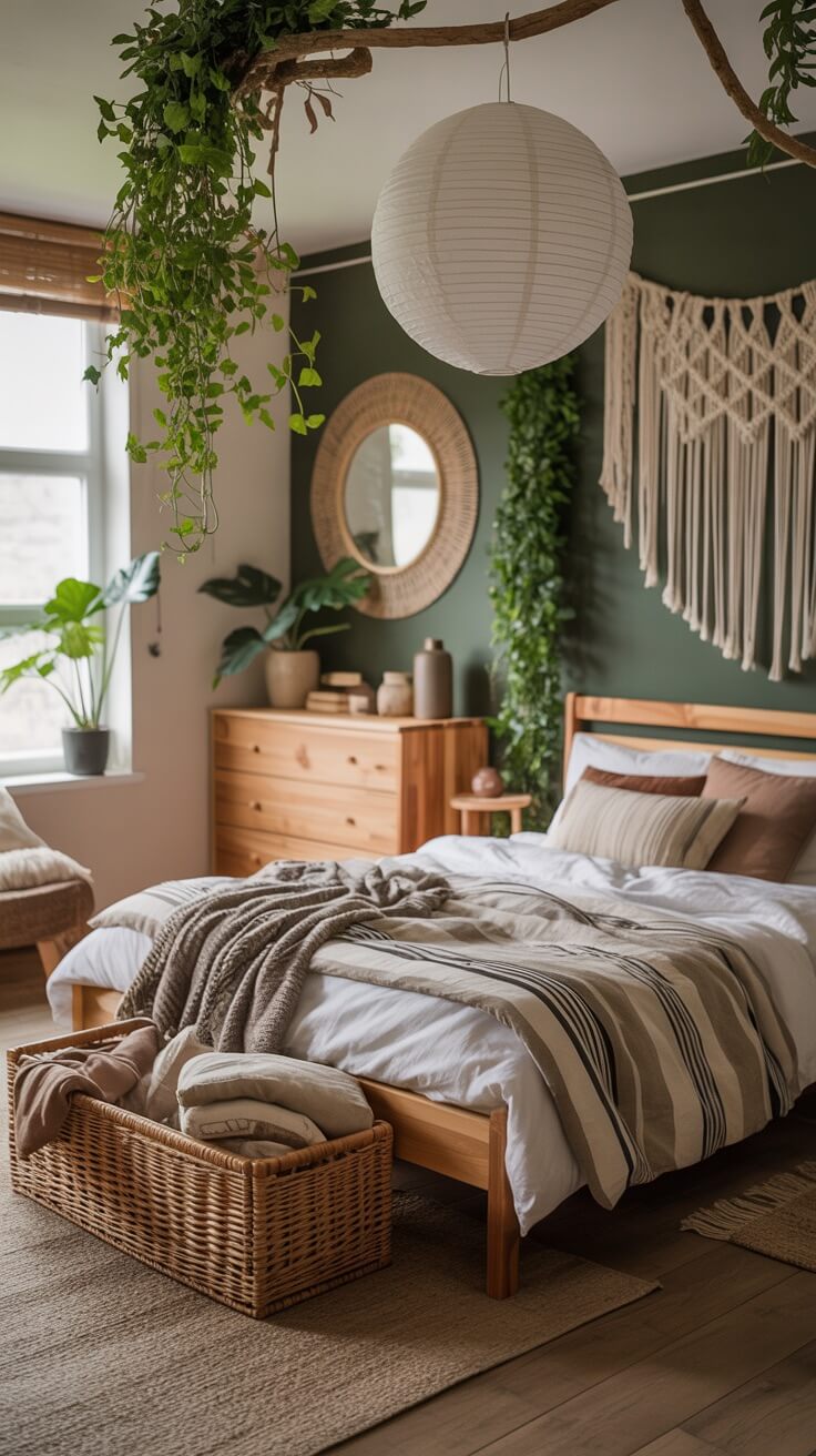 A cozy bedroom features green walls, wooden furniture, leafy plants, and woven decor, creating a warm, inviting atmosphere with natural elements and textures.