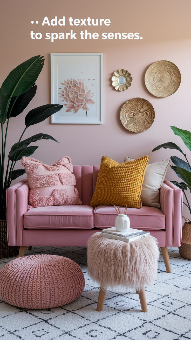Stylish living room with pink sofa, textured cushions, plants, and wall decor. Text reads: "Add texture to spark the senses."