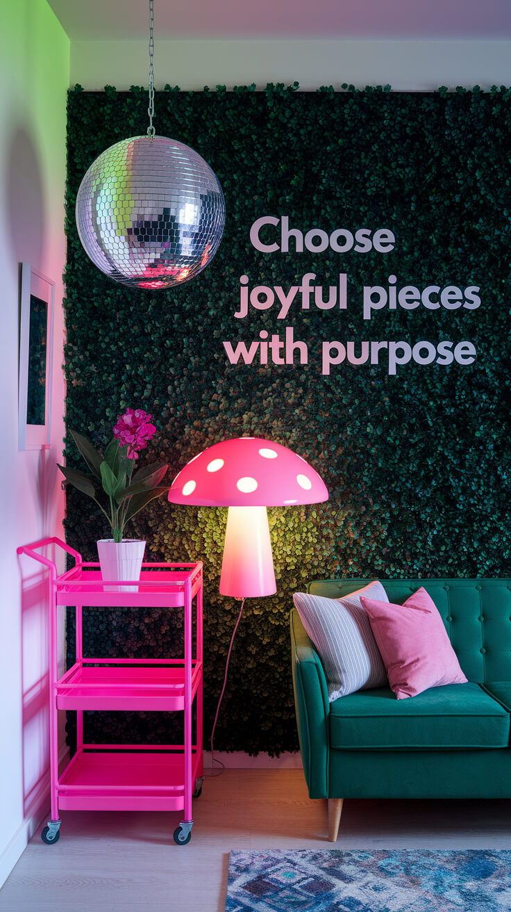 Room with green wall, disco ball, pink mushroom lamp, and neon pink cart. Text on wall reads, "Choose joyful pieces with purpose."