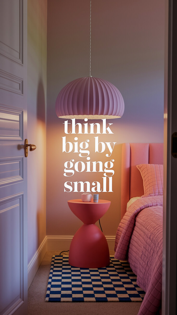 A cozy bedroom with pink decor, pendant light, and a checkered rug. Text overlays: "think big by going small."
