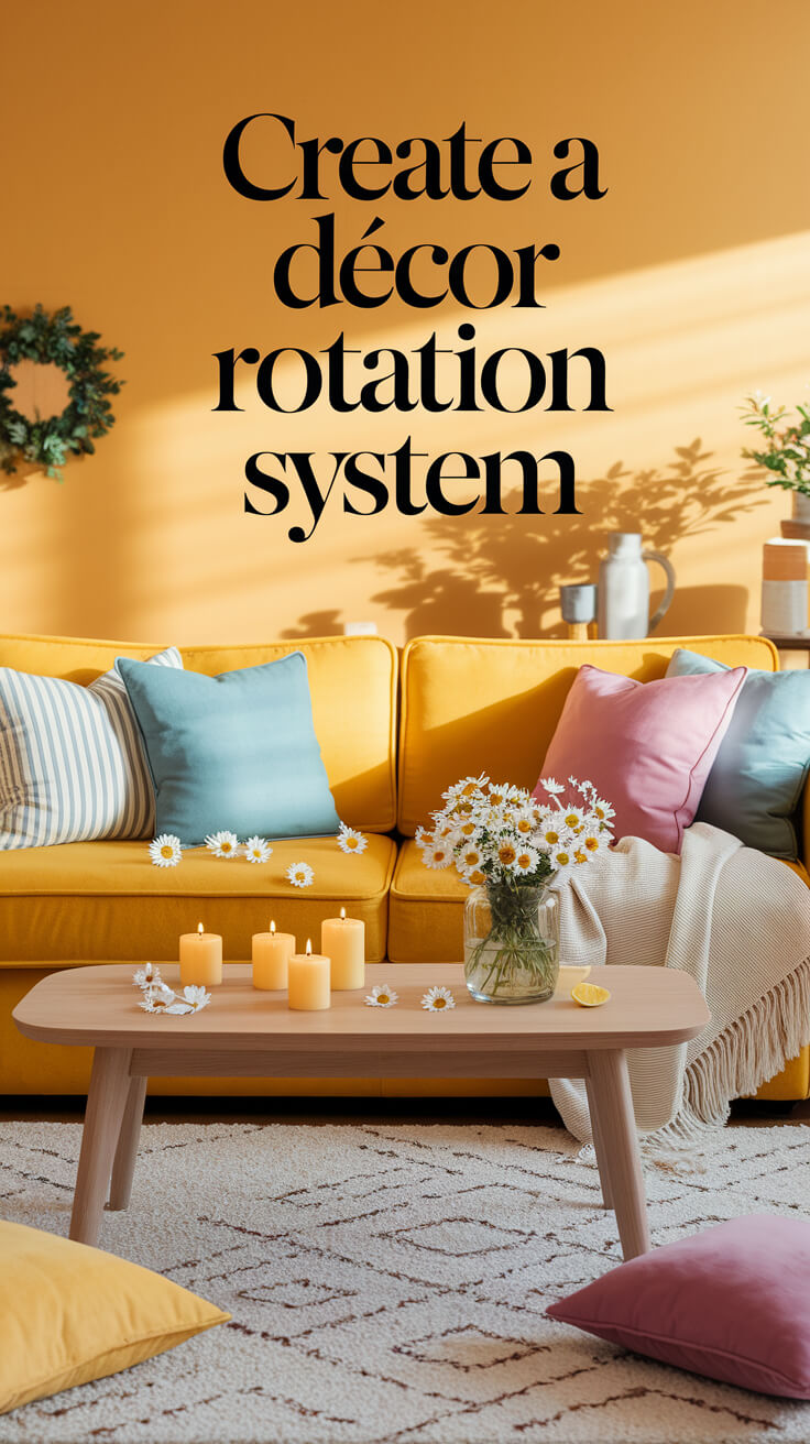 Cozy living room features yellow sofa, colorful pillows, candles on a wooden table, and daisies in a vase. Text: "Create a décor rotation system."