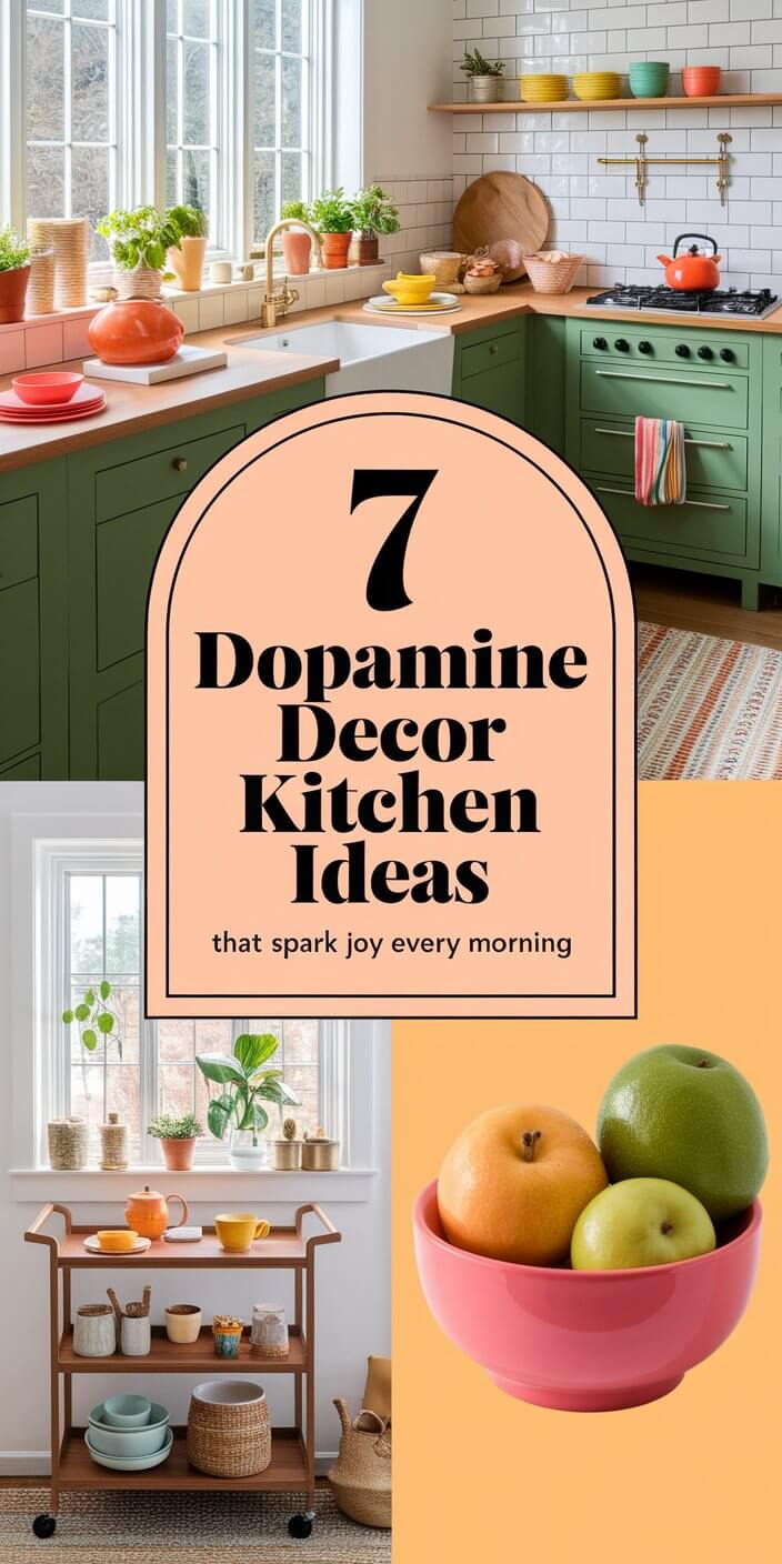 A vibrant kitchen features green cabinets, colorful dishes, plants, and natural light, highlighting "7 Dopamine Decor Kitchen Ideas" for joyful mornings.