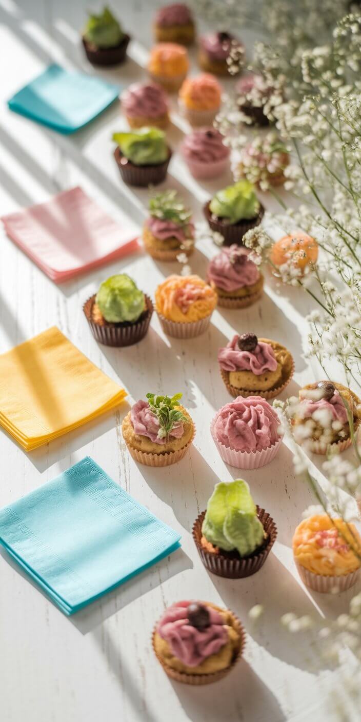 Assorted cupcakes with colorful frosting are arranged on a white table, complemented by pastel-colored napkins and delicate white flowers.