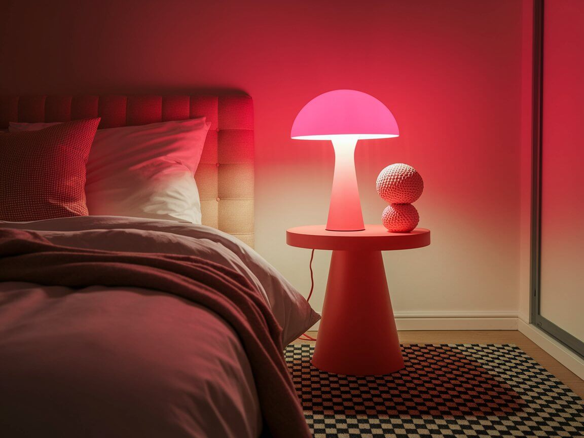 A cozy bedroom features a red-lit table lamp on a nightstand, next to a neatly made bed, creating a warm ambiance.