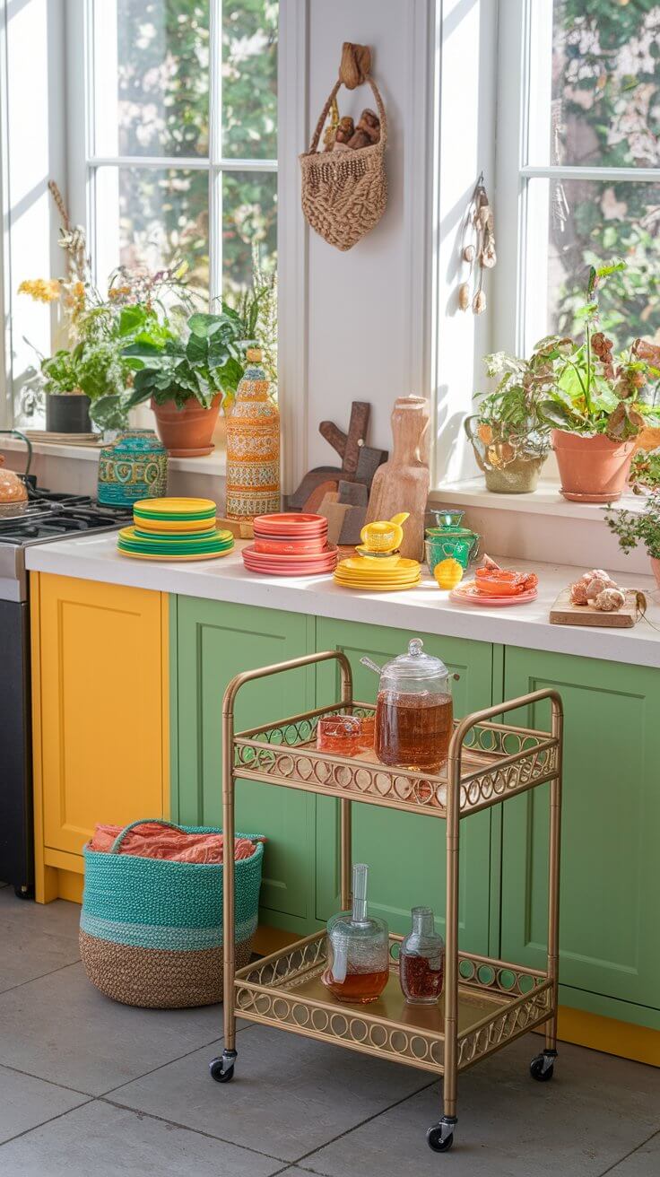 A colorful kitchen scene with vibrant dishes, potted plants, wicker basket, and a wooden trolley holding glass jars under natural daylight.