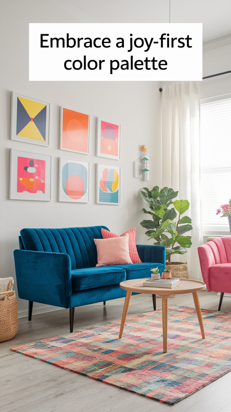 Colorful living room with vibrant art, blue and pink seating, wooden table, plant, and patterned rug. Decor emphasizes a joyful atmosphere.