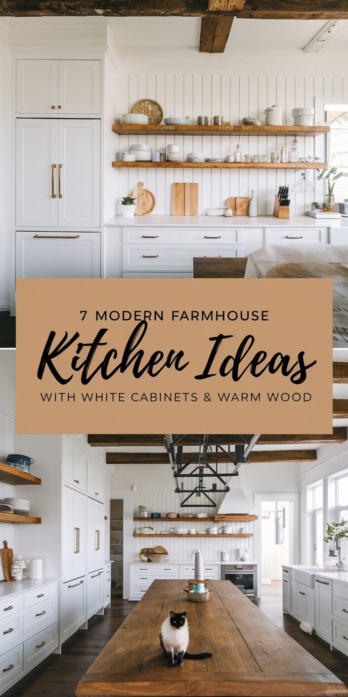 Modern farmhouse kitchen with white cabinets, warm wood accents, open shelving, and a central table with a cat sitting on it.