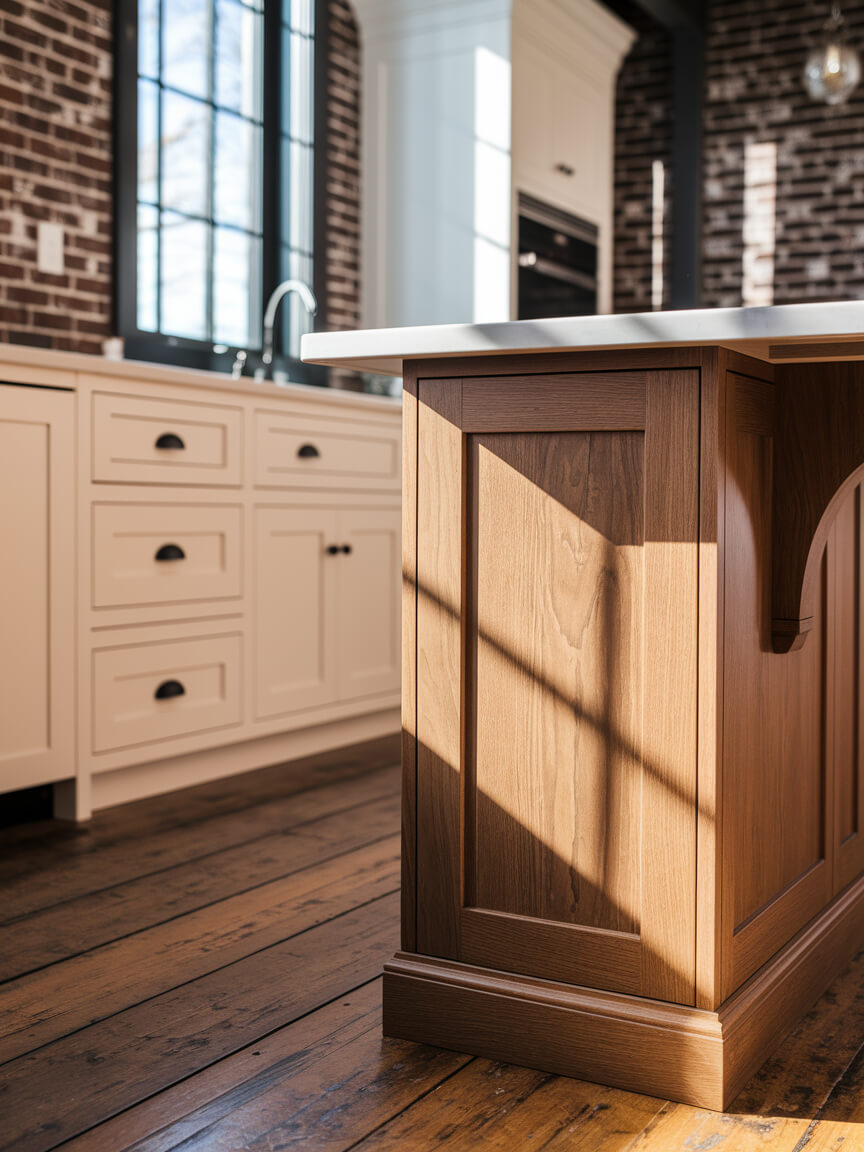 Sunlit kitchen interior with wooden floors, brick walls, and white cabinets. Light creates geometric shadows on the wooden island, enhancing the cozy atmosphere.
